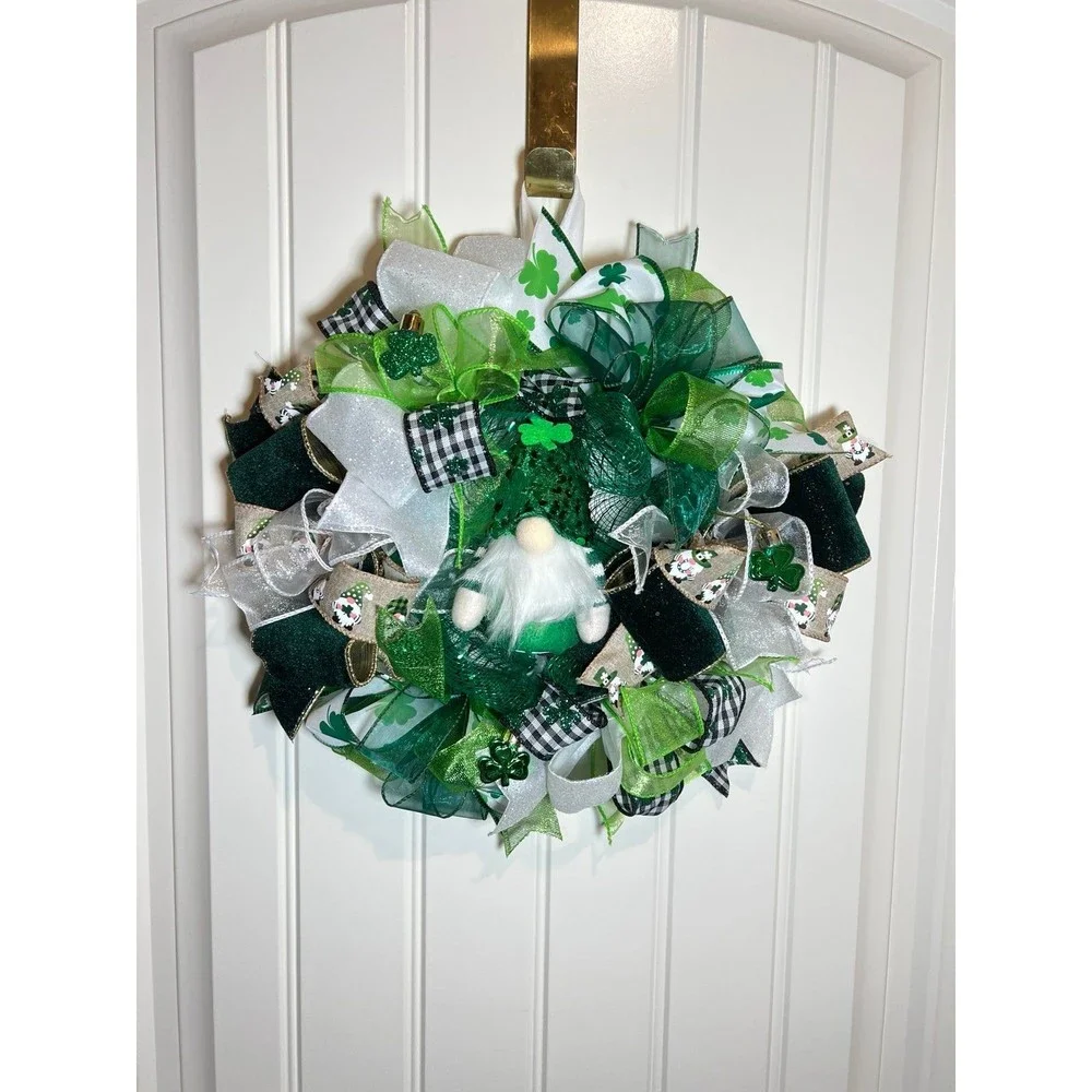 13” St. Patrick’s Day Ribbon Wreath Gnomes : Green & White Handmade MW10